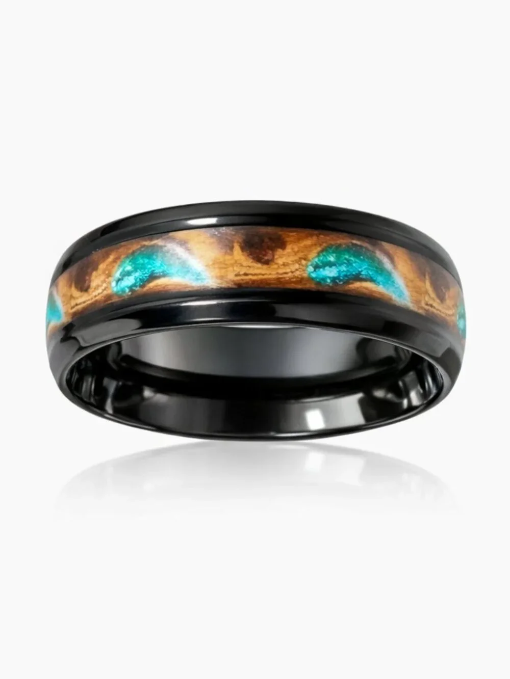 Size 9 Black Stainless-Steel Ring • Sand & Feathered Teal Inlay • Unisex Band